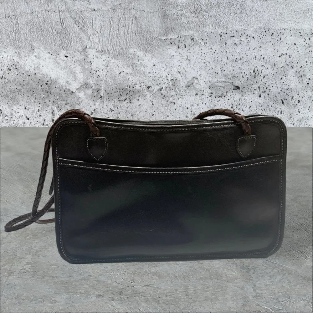 Brighton Leather Rect Shoulder Bag Purse Black and Brown Woven Straps - Picture 4 of 13